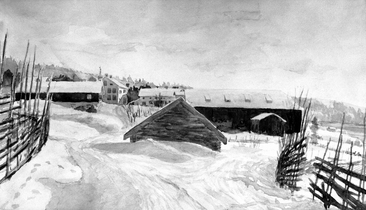 Akvarell av garden Mengshoel, Nes, Hedmark. Vinter. Skigard.