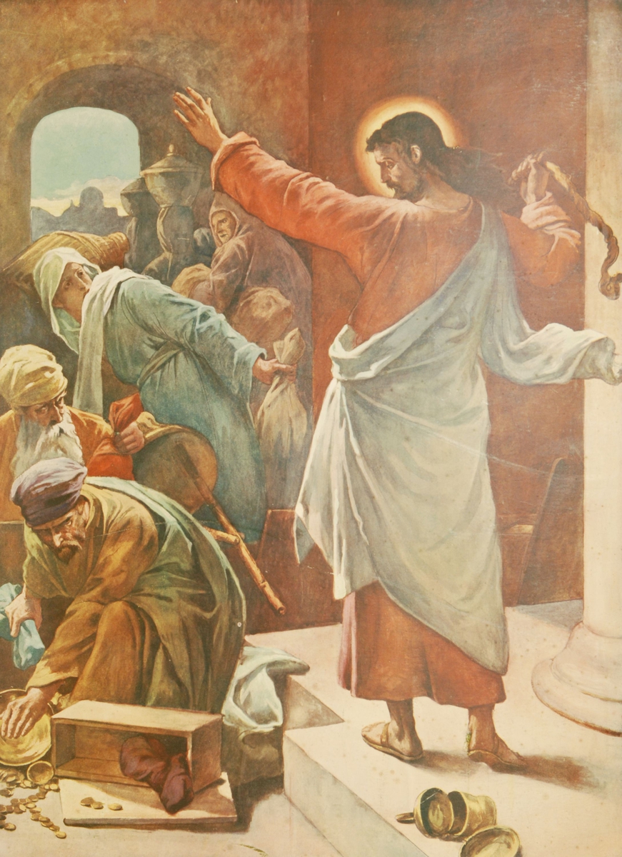 Jesus kaster ut handelsmennene fra Tempelplassen i Jerusalem. Lukasevangeliet kapittel 19, 45-46.