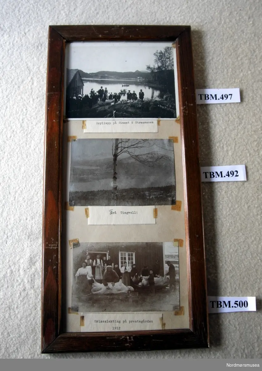Tre fotografi innrammet med glass
Motiv TBM.492: Landskap, utsikt fra Tinghvollia mot Rimstad. Vinter.