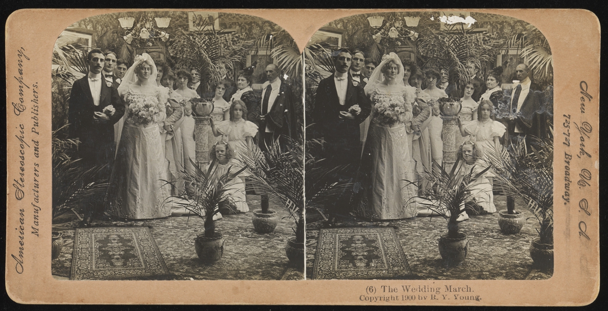 Stilstudie av bryllupsforderedelser og fest, USA rundt 1900