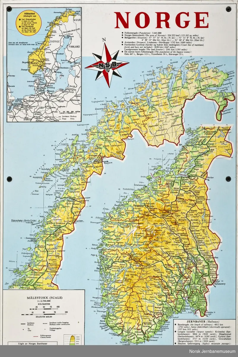 Kart over Norge med alle jernbanestrekninger - Trykt hos Emil Mostue A/S, Oslo