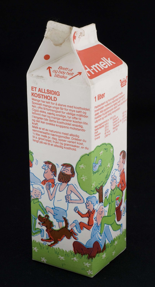 1 liters melkekartong for H-melk dekorert med tegning av folk som trener