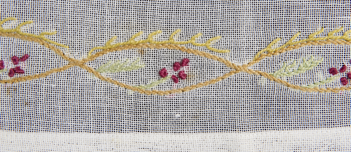 Opprinnelig hvit (skittenhvit) - lin? Blomsterbroderi i gulnyanser, rosa, blårødt og lysegrønt