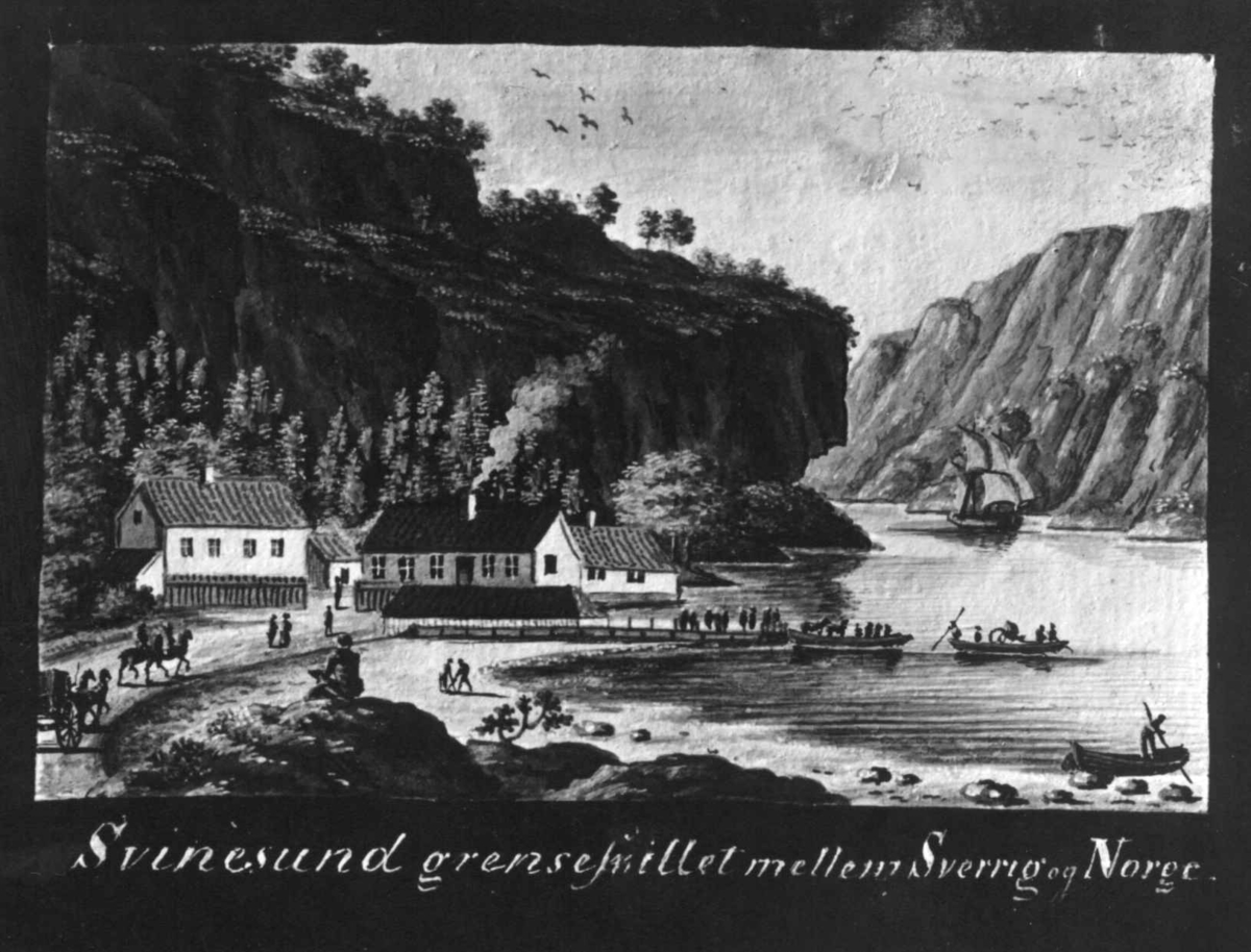 Svinesund, Berg, Halden, Østfold. Foto av gouache. Landskap med hus og båter.