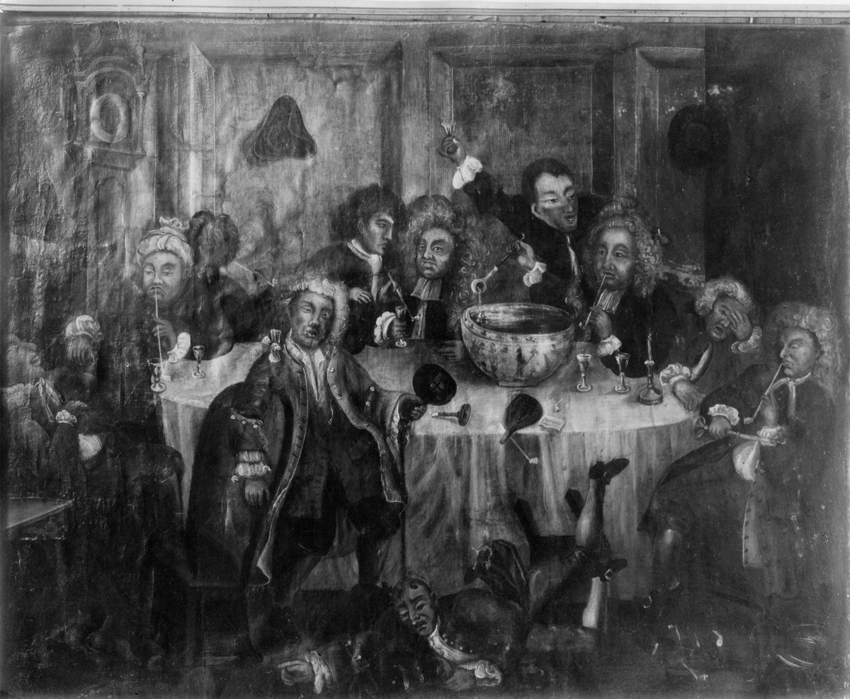 Den kulturhistoriske utstilling 1901, Norsk folkemuseum. "Et Punchegilde" malt av Peder Aadnes etter maleri av Hogarth: "A Midnight Modern Conversation.