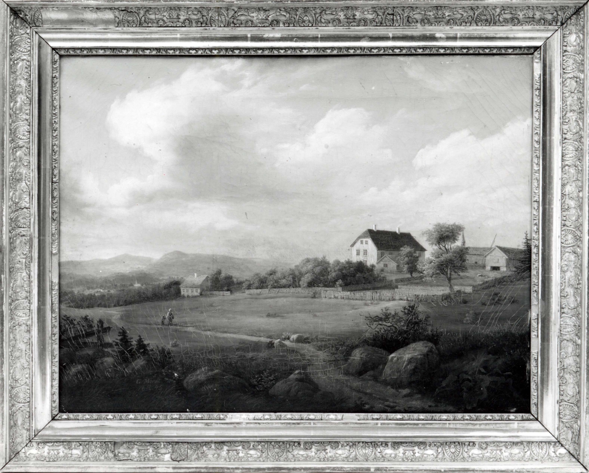 Løkke gård, St. Haugen, Oslo. Maleri med ramme signert Mordt 15.04.1845. Motiv, bondegård i landskap.
Fra dr. Eivind S. Engelstads storgårdsundersøkelser 1954.