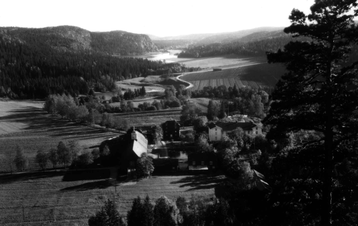 Berby gård, Idd, Østfold. Oversiktsbilde. Hagebruksskole for kvinner 1901-1938. Dyrket landskap. Skog. Vann i bakgrunnen..
