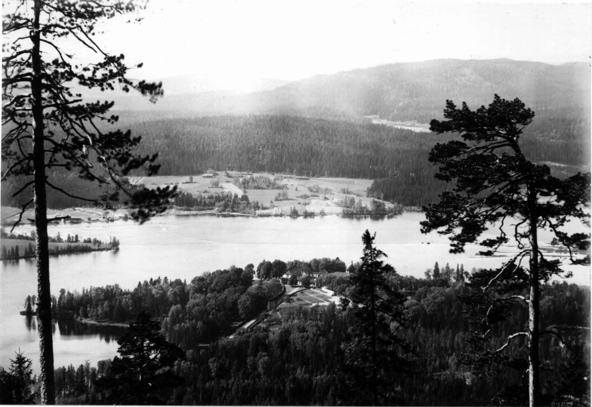 Bogstad gård, Bogstadvannet  og landskapet omkring ca. 1923. Oversiktsbilde. Sett fra Lillevann. Bebyggelse og skog i bakgrunnen.