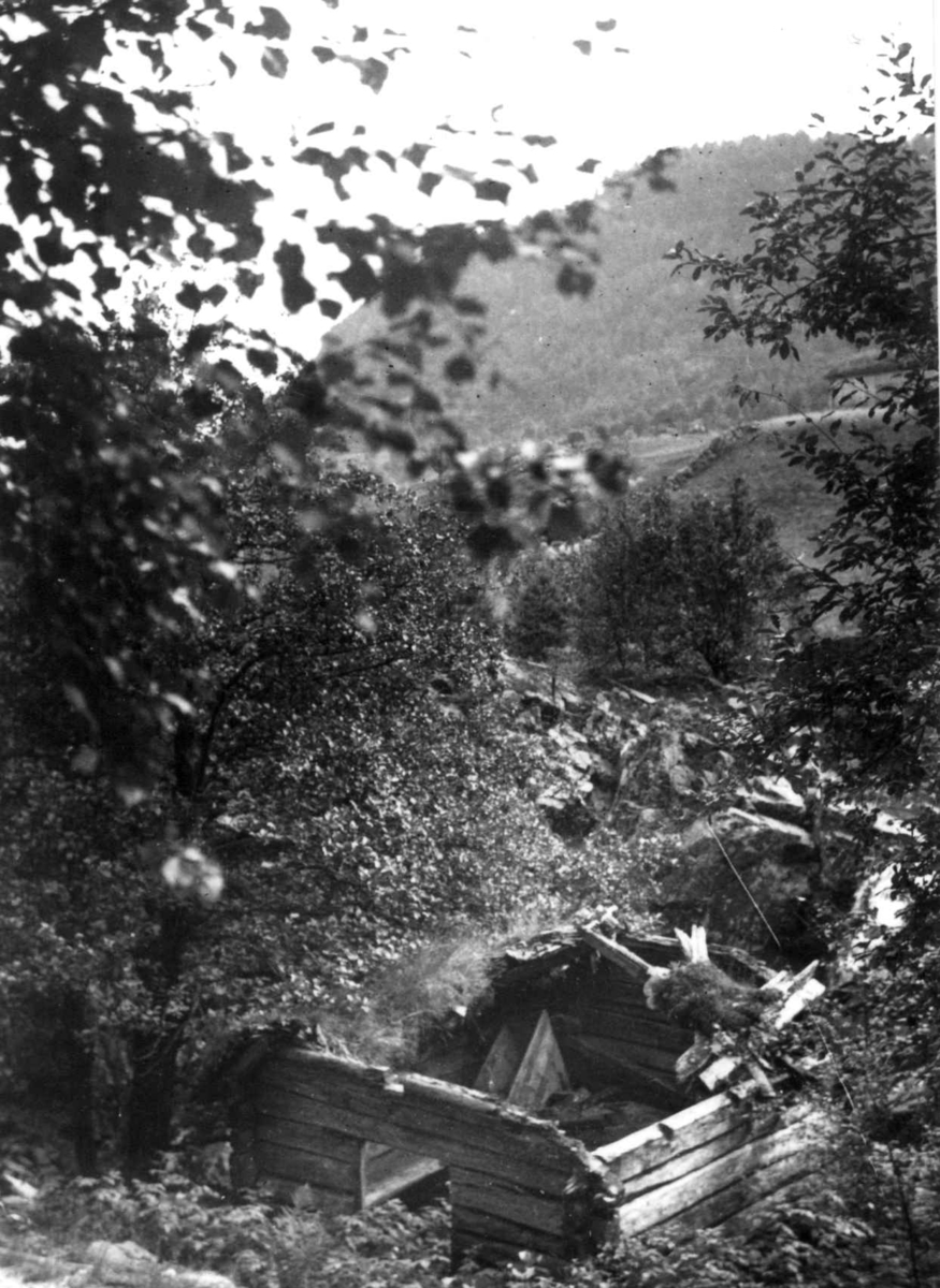Landskap med forfallent tømmerhus i forgrunnen. Kvås i Lyngdal 1937.