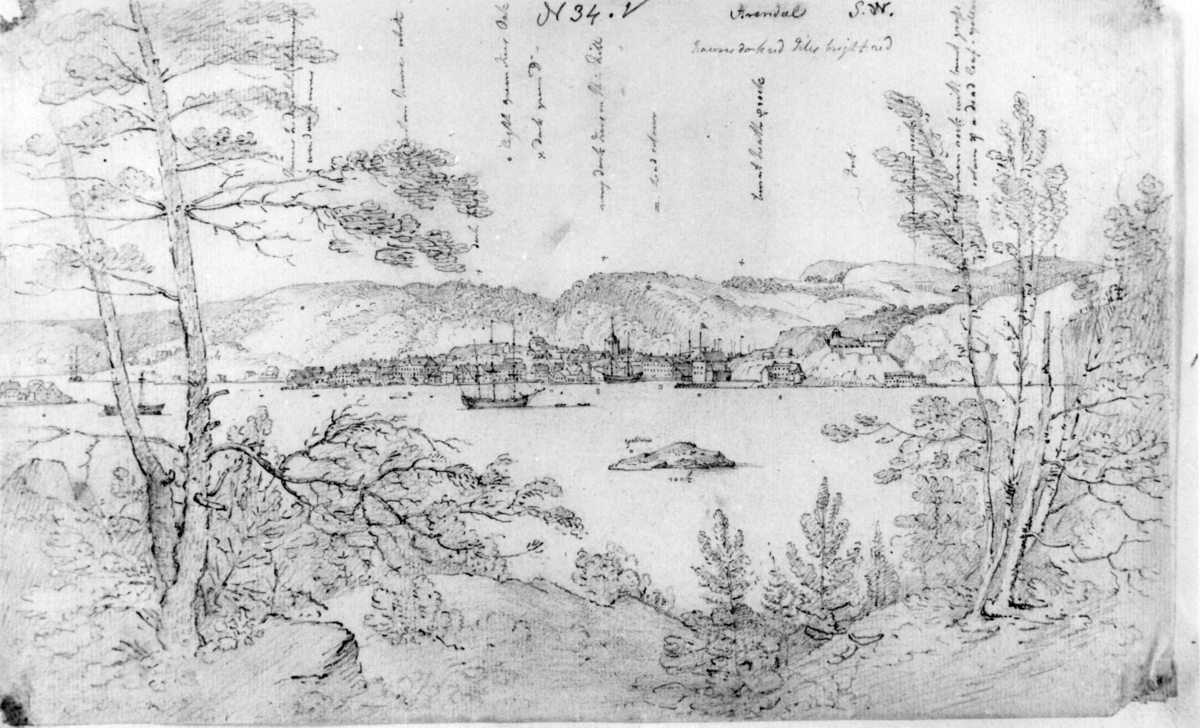 Arendal, Aust-Agder, sett fra Tromøya.
Fra skissealbum av John W. Edy, "Drawings Norway 1800".