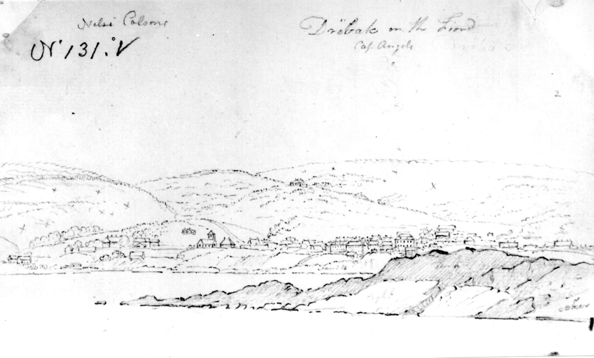 Drøbak, Frogn, Akershus. Blyantskisse. John Edy: Drawings Norway 1800. "Drøbak on the Fiord." Landskap.
