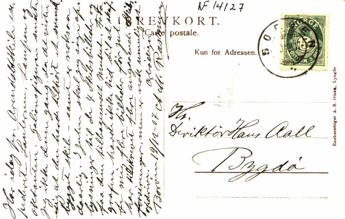 Postkort. Hilsen med opplysninger om gjenstander tilhørende museer. Fregatten Najaden 1812. Stemplet 20.12.1907.