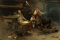 Jule- og nyttårskort. Interiør. Mann med grøtfat. Kvinne og 