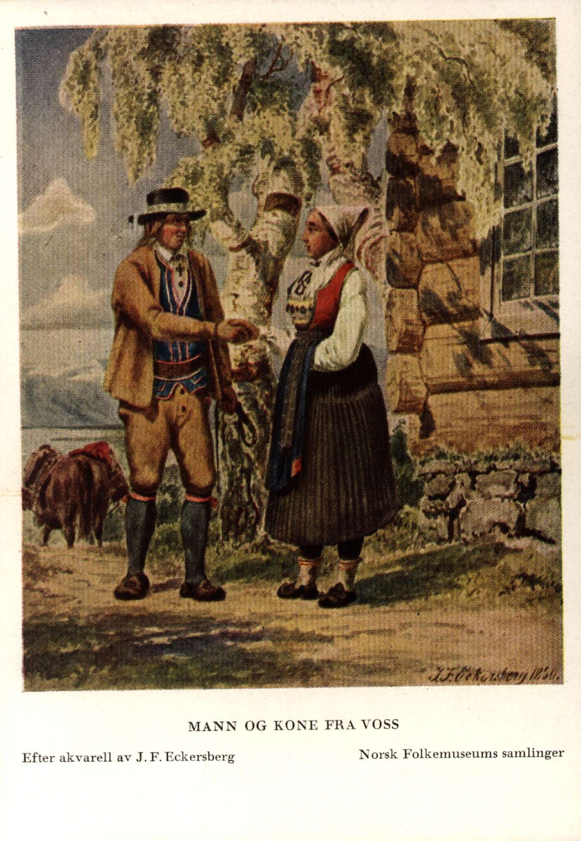 Postkort utgitt av Norsk Folkemuseum. Etter draktakvareller fra  JF Eckersberg. Mann og kone fra Voss.