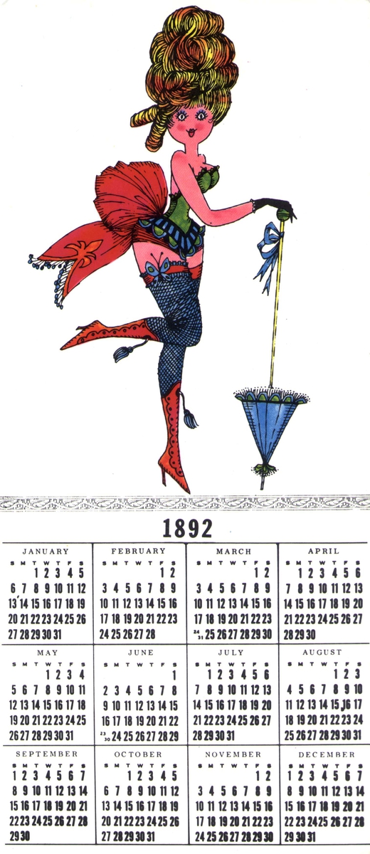 Nyttårskort. Nyttårshilsen. Kalender for 1892. Lett påkledd kvinne.