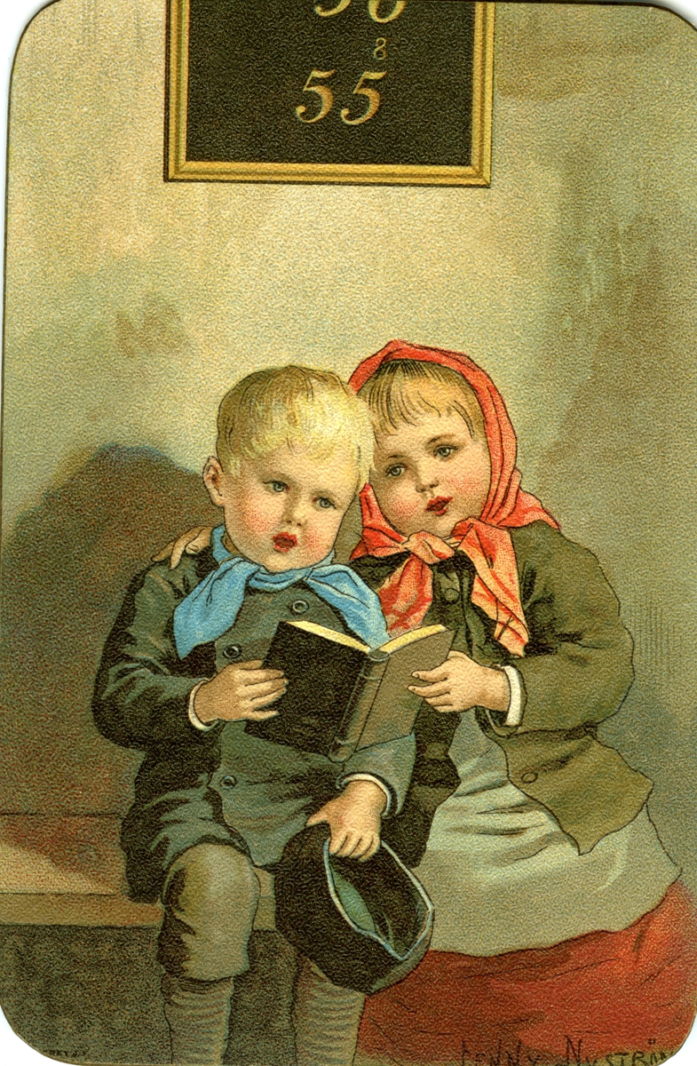 Postkort. Julehilsen. En gutt og en jente sitter med en salmebok. En tavle på veggen indikerer salmenummer. Illustrert av Jenny  Nyström (1854-1946). Svensk. Kartongkort.