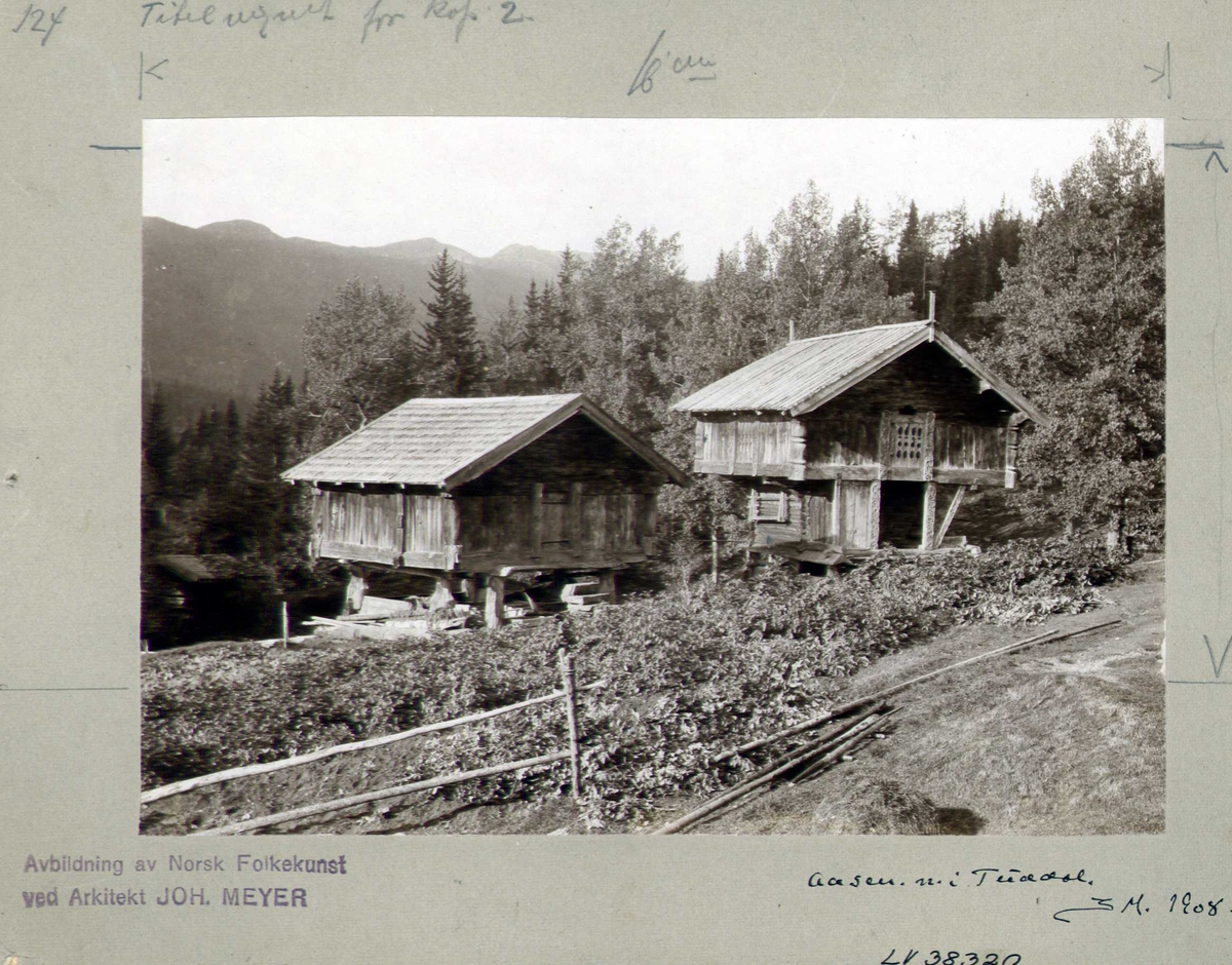 Bygninger, Åkre, Hjartdal, Telemark. Fotografert 1908.