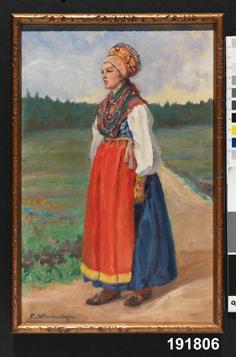 Huvudliggaren:
"Dräkt för brudpiga , Malungs sn., Dalarna. Oljemålning på duk, panneau, av E. v. Walterstorff, år 1909. I smal förgylld ram. O."