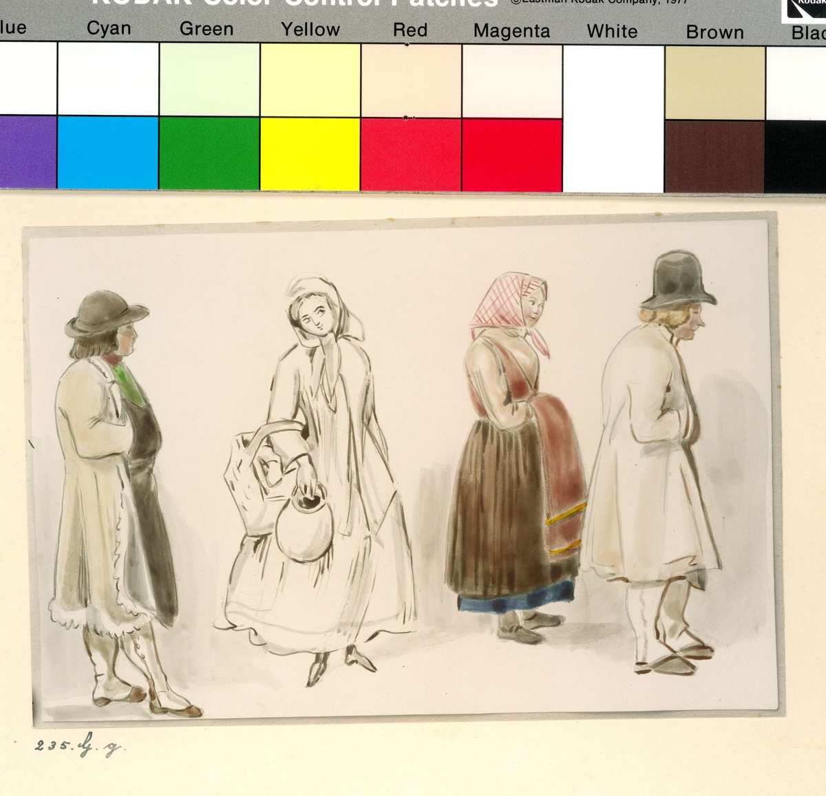 Folkdräkter (i allmänhet).  Färglagd teckning av Fritz von Dardel (1817-1901). "Studie av allmoge, delvis från Dalarna".