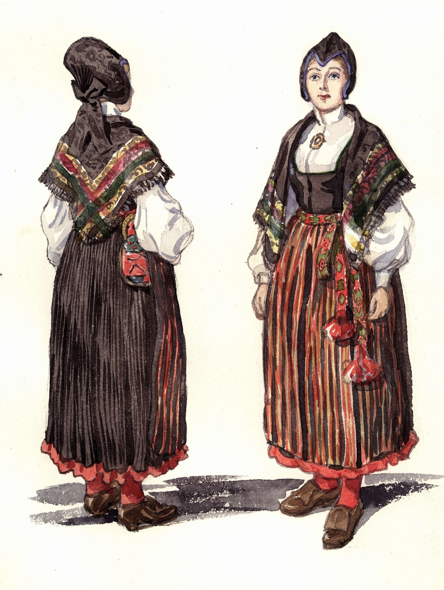 Högtidsdräkt för gift kvinna, Järvsö socken, Hälsingland. Akvarell av Emelie von Walterstorff.