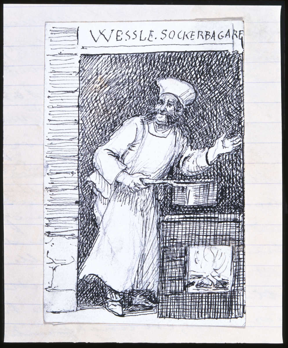 "Wessle, sockerbagare". Vaxholm. Tuschteckning av Fritz von Dardel, 1874