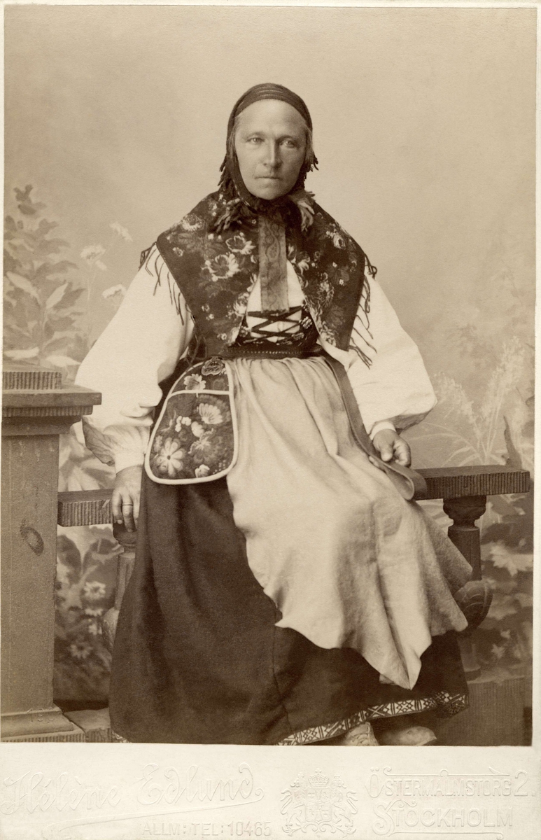 "Floda utställningen 1897."  En kvinna poserar i en folkdräkt med skinnförkläde