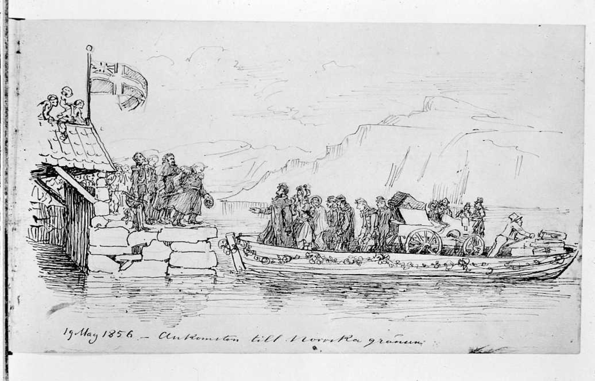 Akvarellerad tuschteckning av Fritz von Dardel. "Ankomsten till Norrska Gränsen 19 May 1856".