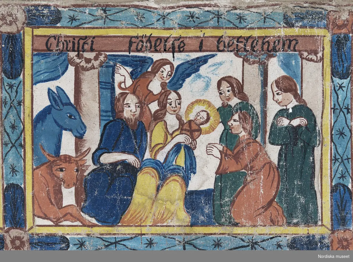 Detalj av bonad, s k Knäredsmålning. "Christi födelse i Betlehem". Inv.nr. NM.0185981.