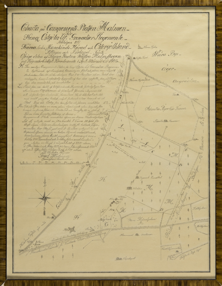 Karta,"Charta på Campémentsplatsen Malmen 1806" Kopierad efter originalritning i Februari 1944 av löjtnant C. Gunnarsson. Glasad, med brun ram.
