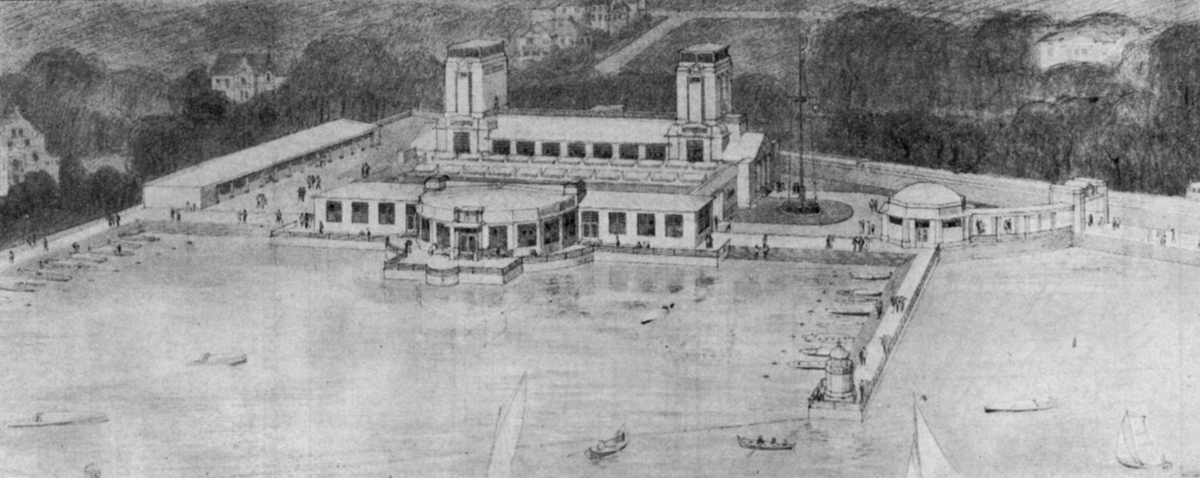 Tegning over det maritime utstillingsanlegg ved Skarpsno. - Jubileumsutstillingen på Frogner 1914.
