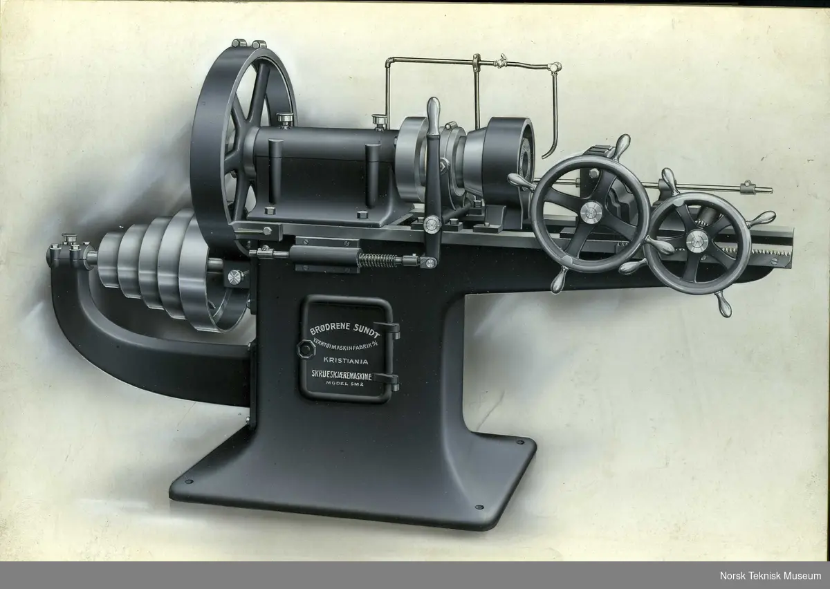 Skrueskjæremaskin, produsert av Brødrene Sundt Verktøymaskinfabrikk, omkring 1910