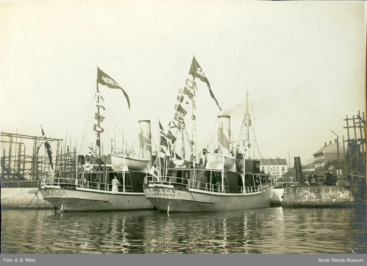 Eksteriør, hvalfangstskipene D/S Hercules (B/N 276) og D/S Samson (B/N 277). Begge skipene ble levert av Akers Mek. Verksted i 1908 til Sandefjords Hvalfangerselskab.