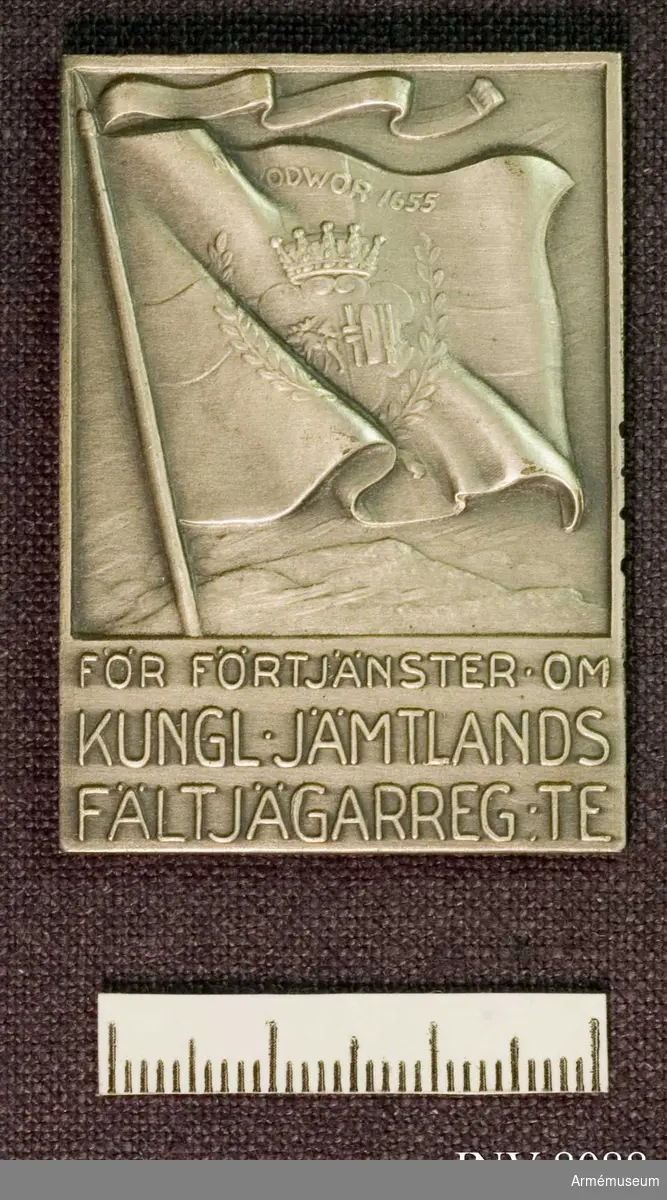 På åtsidan i relief Jämtlands fältjägarregementes fana. På frånsidan är mottagarens namn, samt årtal ingraverade.