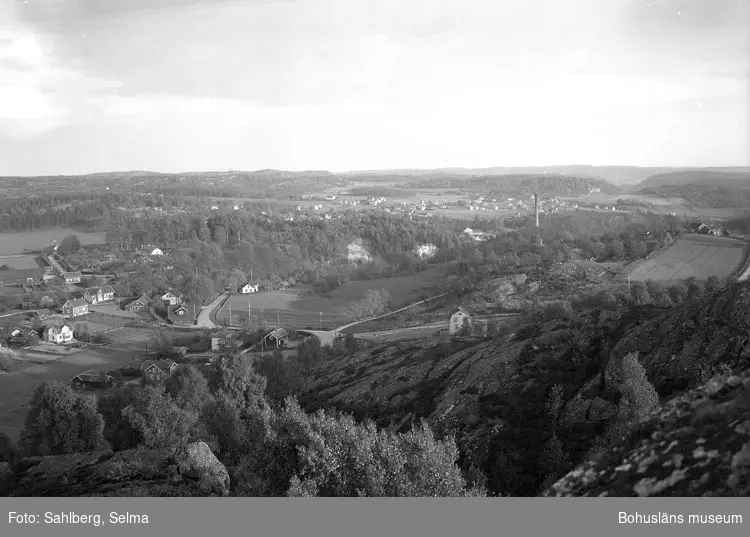Enligt fotografens noteringar: "Utsikt från Gubbens näsa. Munkedals fabrik med omnejd."