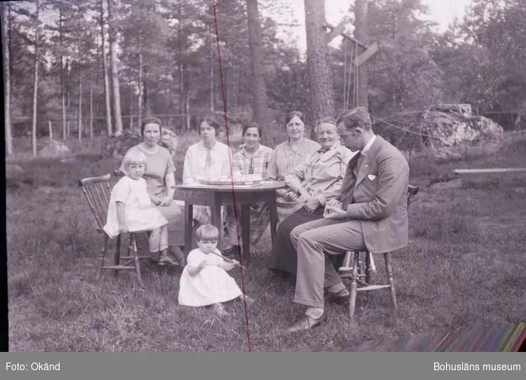En familj sitter vid ett bord i en trädgård. 
Fyra kvinnor i olika åldrar, en man och två små barn. 

Uppgifter av HBF: "Olga o. Einar Hansson med barn damen i mitten Leontina Eriksson."