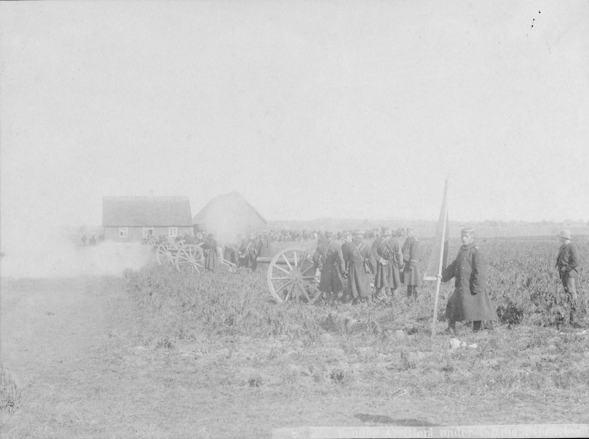 Artillerister ur Vendes artilleriregemente, A 3, avfyrar salva under fältmanöver med 8,4 cm kanon m/1881.