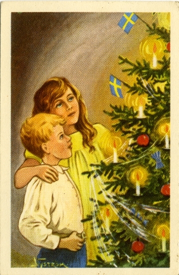 Kort: "God Jul och Gott Nytt År". Barn som står och tittar på julgranen.