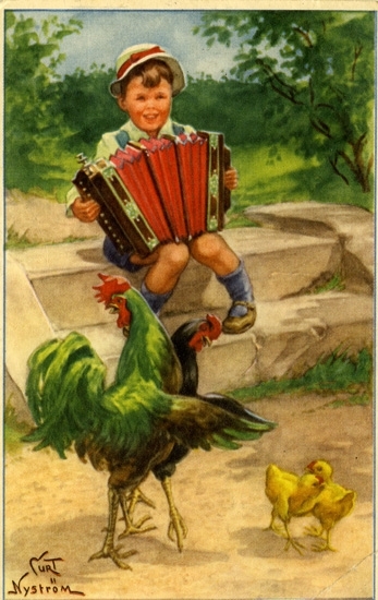 Kort: "Glad Påsk tillönskas". Pojke som sitter på en trappa och spelar dragspel.