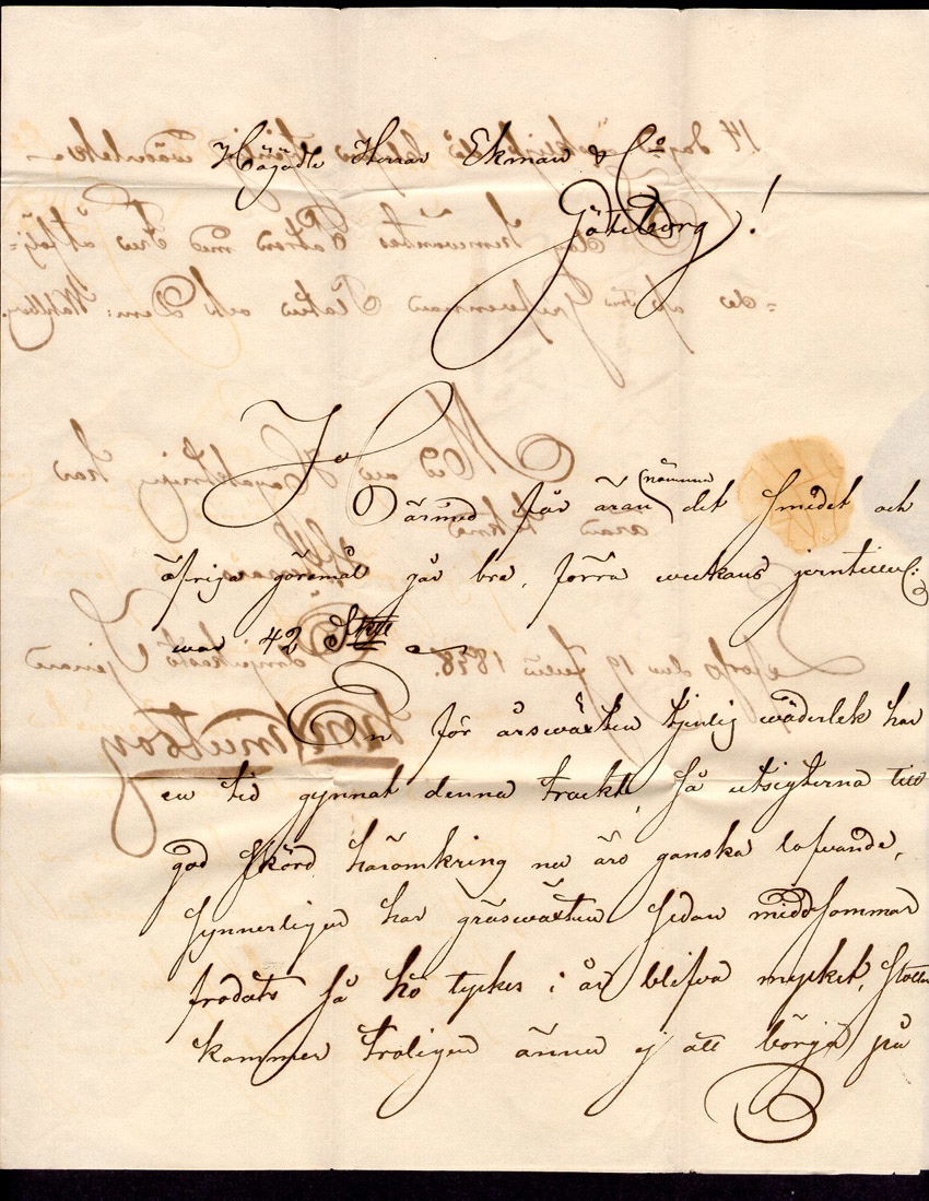 Albumblad innehållande 1 monterat förfilatelistiskt brev

Text: Brev avsänt från Philipstad den 20 juli 1838 adresserat till
Göteborg

Stämpeltyp: Fyrkantstämpel