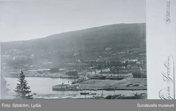 Vy tagen från Norra Berget mot hamnen med kallbadhuset byggt 1876 i mitten av bilden.
Bildtext i album "Sundsvalls hamnområde med badhuset".