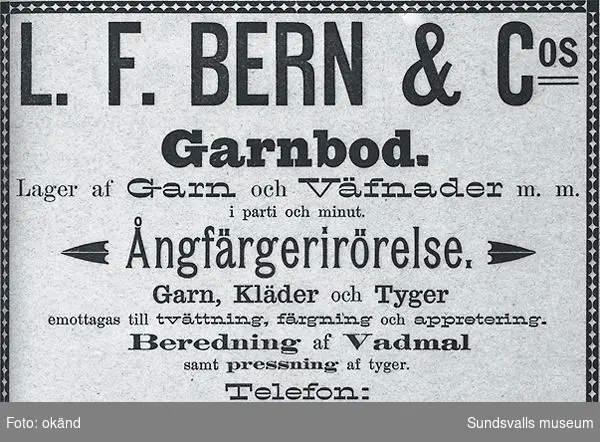 Annons för L F Berns garnbod och ångfärgeri.