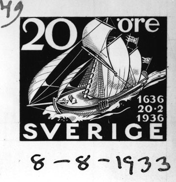 Frimärksförlaga till frimärksutgåvan "Postverket 300 år", 1936. Postjakten Hiorten. Ewerts provgravyr från 1933 till
valören 20 öre .