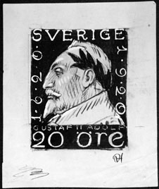 Frimärksförlaga till frimärket Gustav II Adolf, utgivet 1920.
Valör 20 öre.