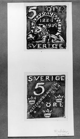 Ej realiserade förslag till frimärken Postsparbankens
50-årsjubileum, utgivet 6/12 1934. Konstnär: Olle Hjortzberg.
Valör 5 öre.