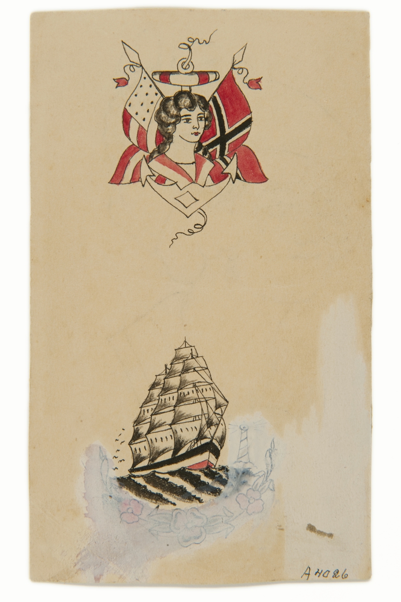 Tatueringsförlaga. Två olika motiv. 1. Kvinnoporträtt med ankare i bakgrunden. Till vänster en amerikansk och till höger en norsk flagga. 2. Ett seglande skepp. Delvis utsuddat, till höger ett fyrtorn och underst en blomgirland.