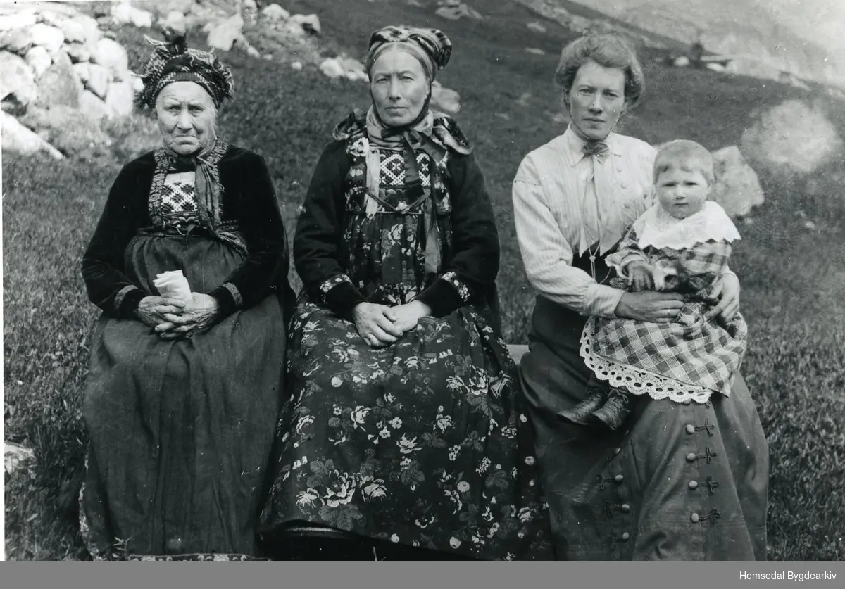 Venåsbakko Nordre i Hemsedal i 1916. 
Fire generasjonar.
Frå venstre: Helgæ (Helga)  Venåsbakko, Birgit Venåsbakkofødd 1865 og den nesteldste av døtrene til Helga;  Anne Venåsbakko, fødd 1894;  og Olga Venåsbakko, fødd 1915.
Helga fekk 4 søner og 4 døtrer. Sønene reiste til USA, medan døtrene vart buande i bygda og gifta seg der.
