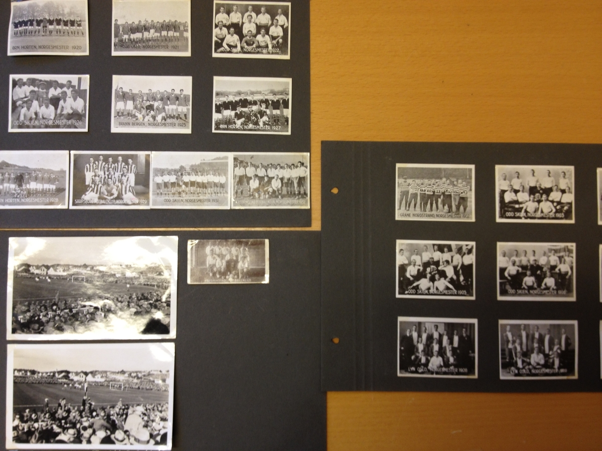 Tre ark fra fotoalbum. Gamle bilder fra fredrikstad Stadion og sigarett-samlekort.