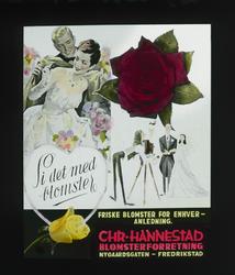 Grafisk kinoreklame fra 1950-årene. Collage med brudepar, fo