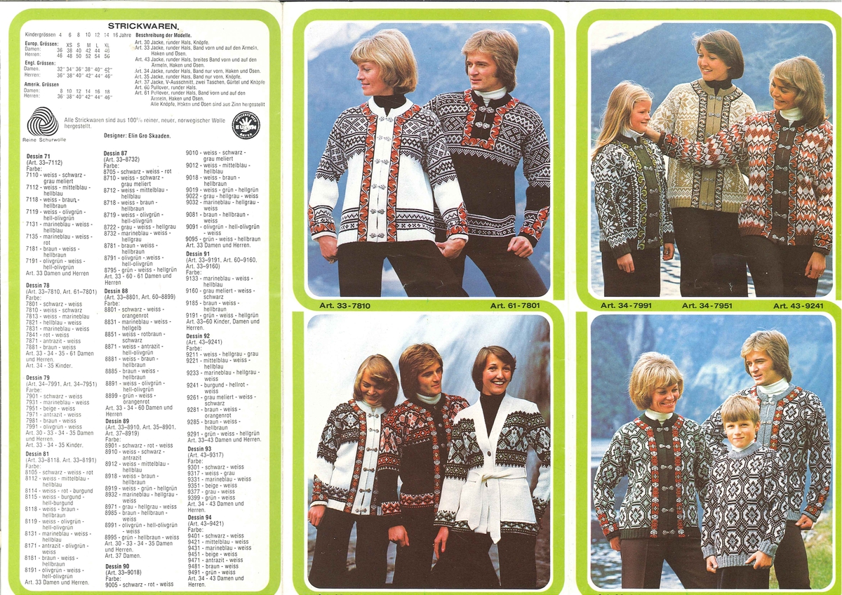 Brosjyre for Evebøfoss 1976. Presentasjon av produkt i bilete og tekst. Jakker og gensere.
Tysk tekst.