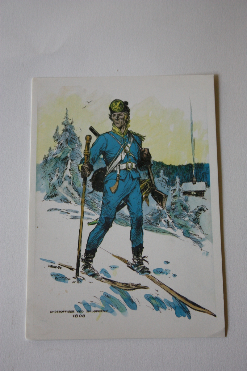 Uniformskledd skiløpar på veg ut av skogen. Hus i bakgrunnen.
